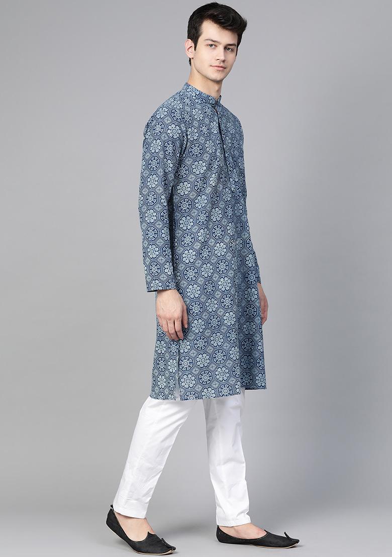 Blue Hand Block Print Cotton Kurta Set For Men
