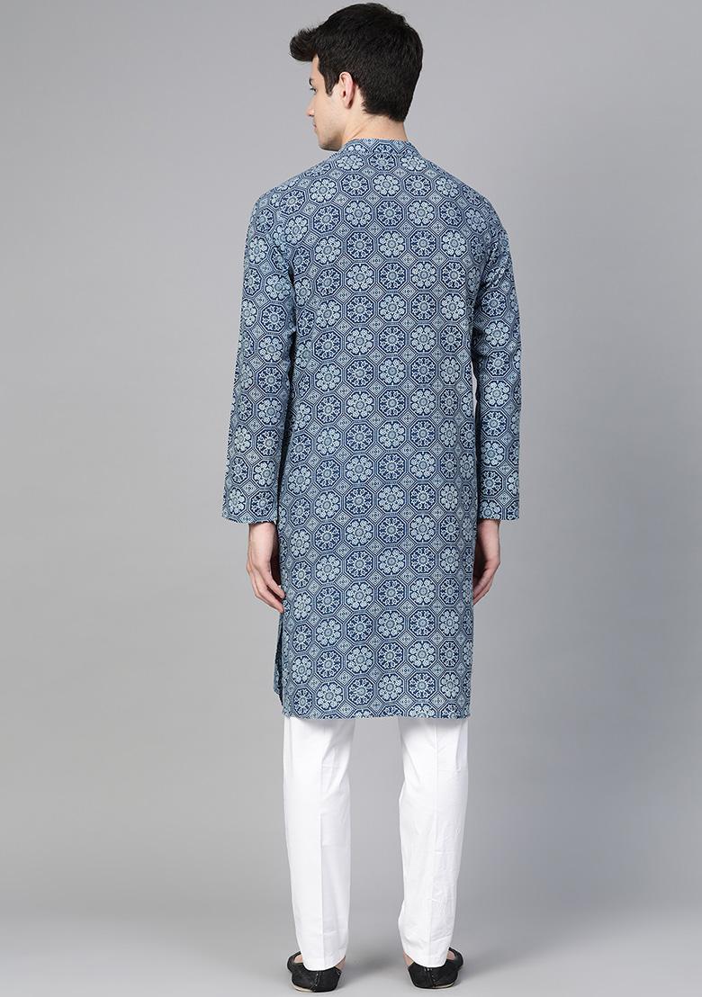 Blue Hand Block Print Cotton Kurta Set For Men - Indya
