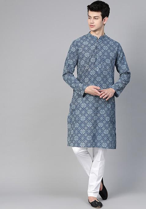 Blue Hand Block Print Cotton Kurta Set For Men