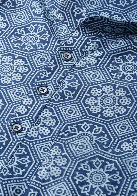 Blue Hand Block Print Cotton Kurta Set For Men