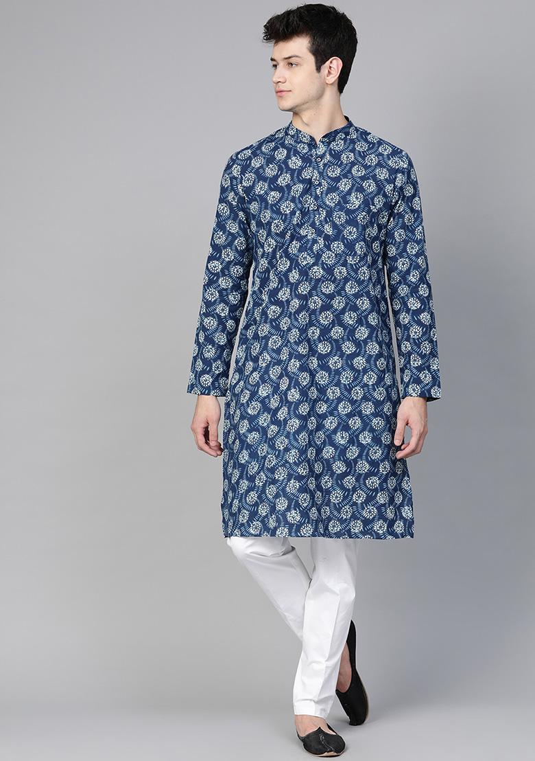 Blue Block Print Cotton Kurta Set For Men