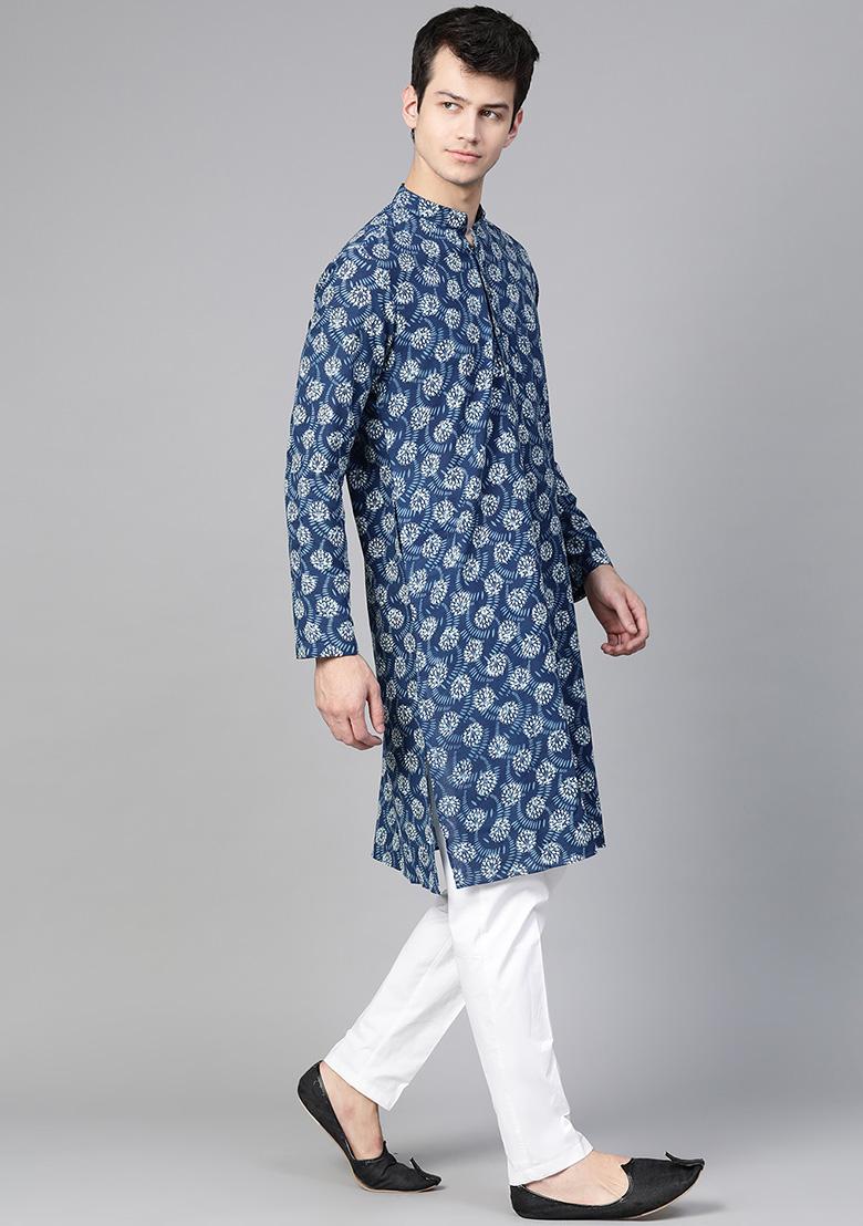 Blue Block Print Cotton Kurta Set For Men