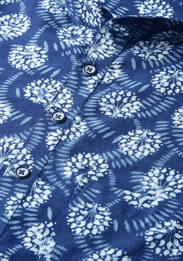 Blue Block Print Cotton Kurta Set For Men
