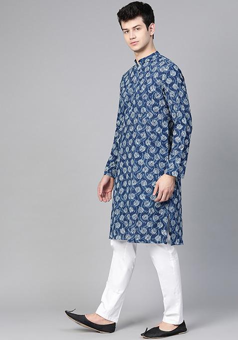 Blue Block Print Cotton Kurta Set For Men