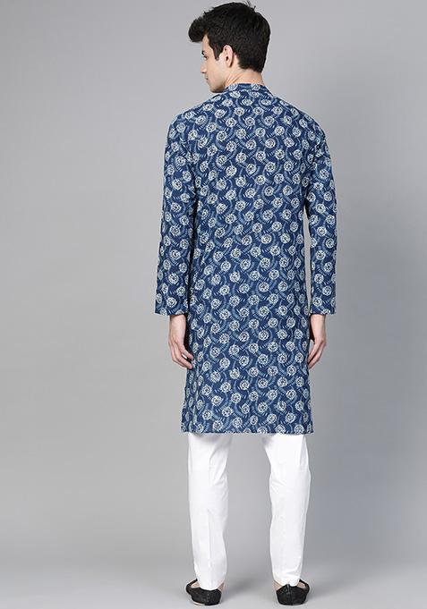 Blue Block Print Cotton Kurta Set For Men