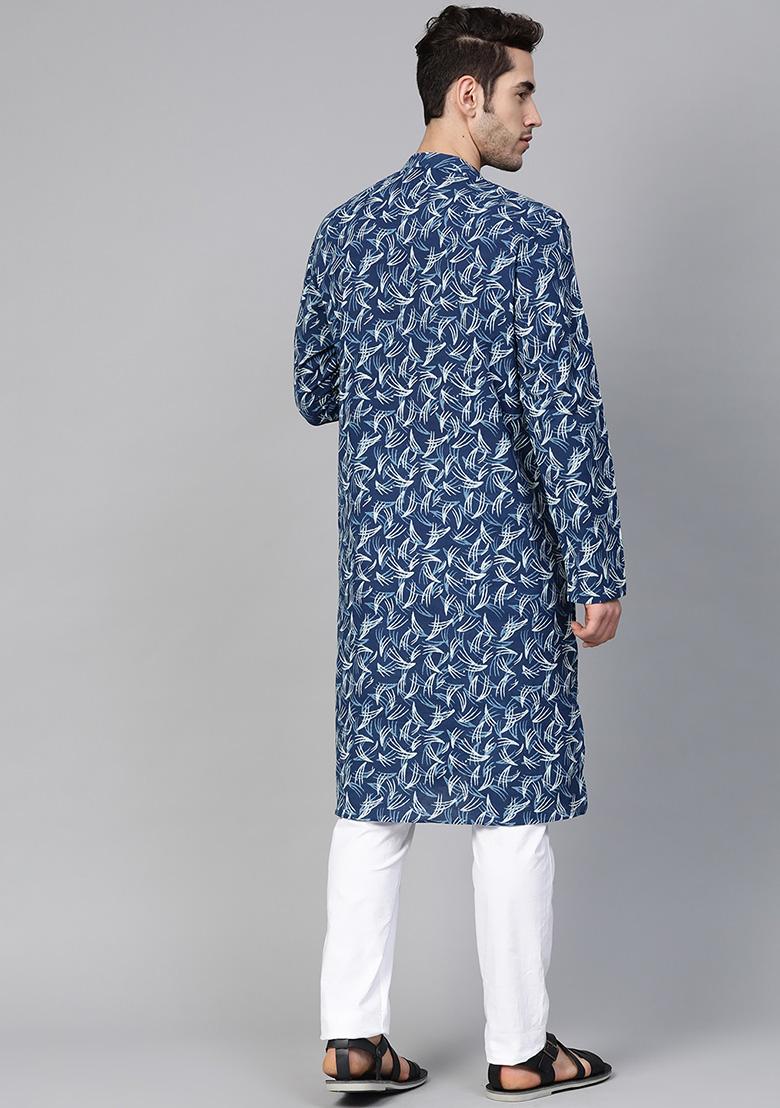 Navy Blue Printed Cotton Kurta Set For Men - Indya