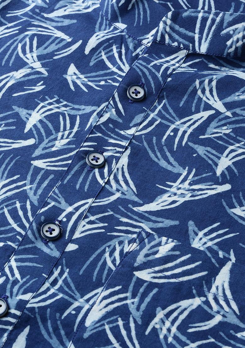 Navy Blue Printed Cotton Kurta Set For Men