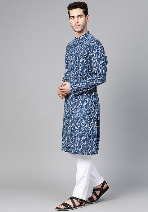 Navy Blue Printed Cotton Kurta Set For Men