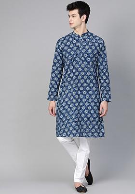 Indigo Blue Block Print Cotton Kurta For Men