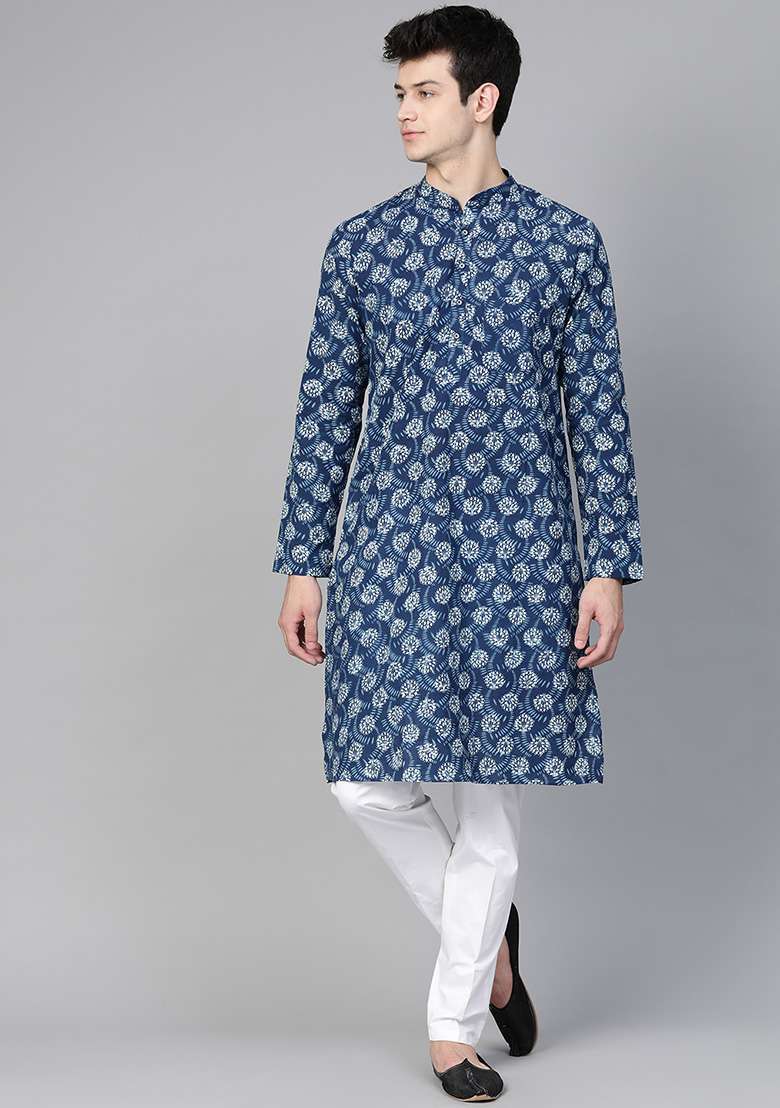 Indigo Blue Block Print Cotton Kurta For Men - Indya
