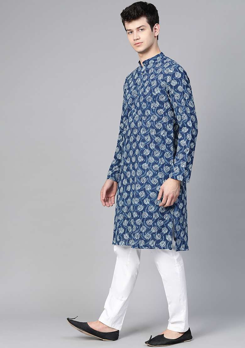 Indigo Blue Block Print Cotton Kurta For Men - Indya