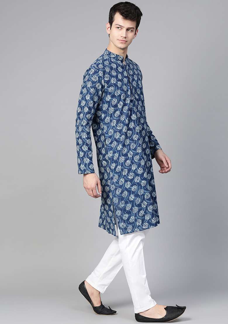 Indigo Blue Block Print Cotton Kurta For Men - Indya