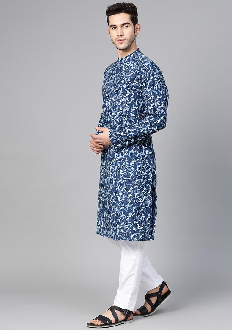 Dark Blue Hand Block Print Cotton Kurta For Men