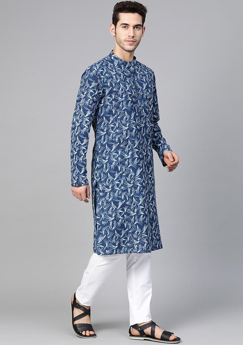 Dark Blue Hand Block Print Cotton Kurta For Men