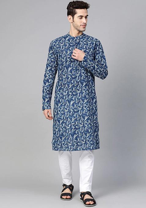 Dark Blue Hand Block Print Cotton Kurta For Men