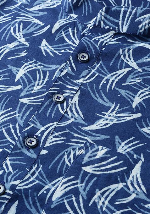 Dark Blue Hand Block Print Cotton Kurta For Men