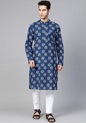 Blue Hand Block Print Cotton Kurta For Men