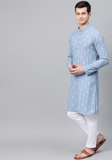 Blue Printed Cotton Kurta Set For Men