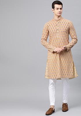 Beige Geometric Print Cotton Kurta Set For Men