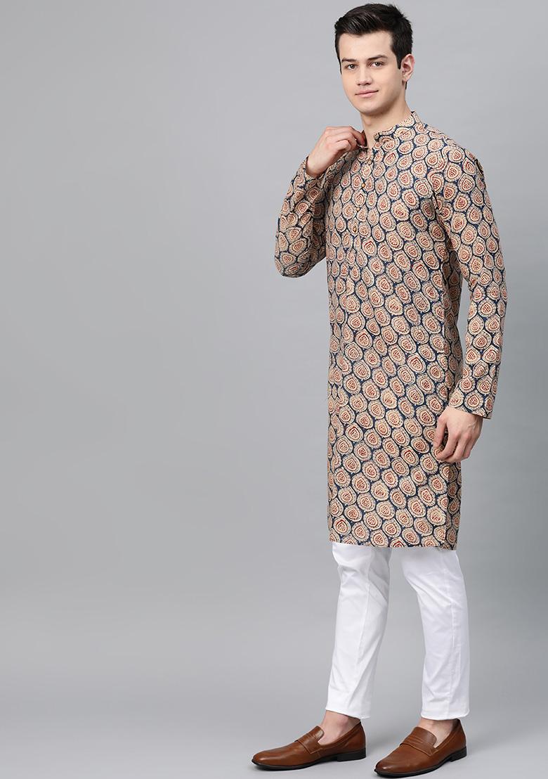 Beige Block Print Cotton Kurta Set For Men - Indya