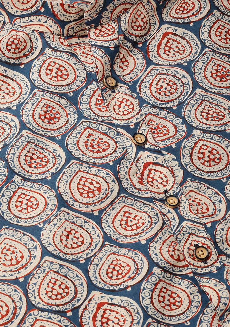 Beige Block Print Cotton Kurta Set For Men - Indya