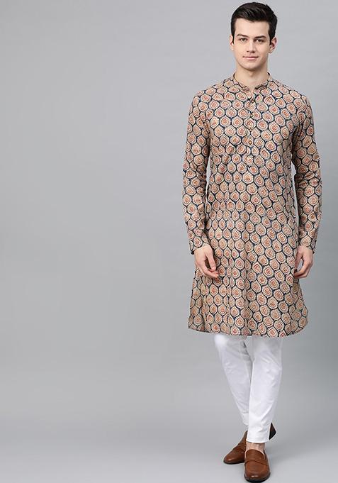 Beige Block Print Cotton Kurta Set For Men — view on Indya