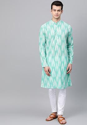 Turquoise Blue Printed Cotton Kurta Set For Men