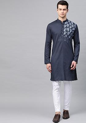Navy Blue Embroidered Cotton Kurta Set For Men