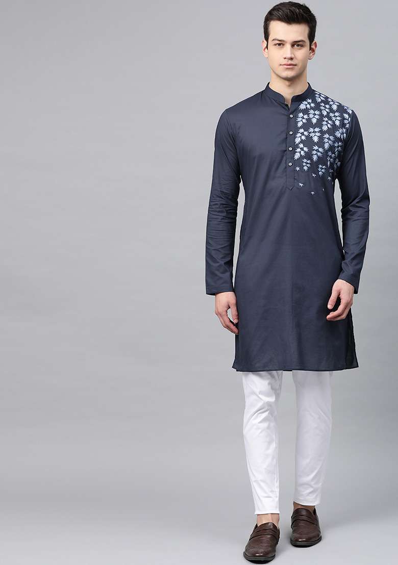 Navy Blue Embroidered Cotton Kurta Set For Men - Indya