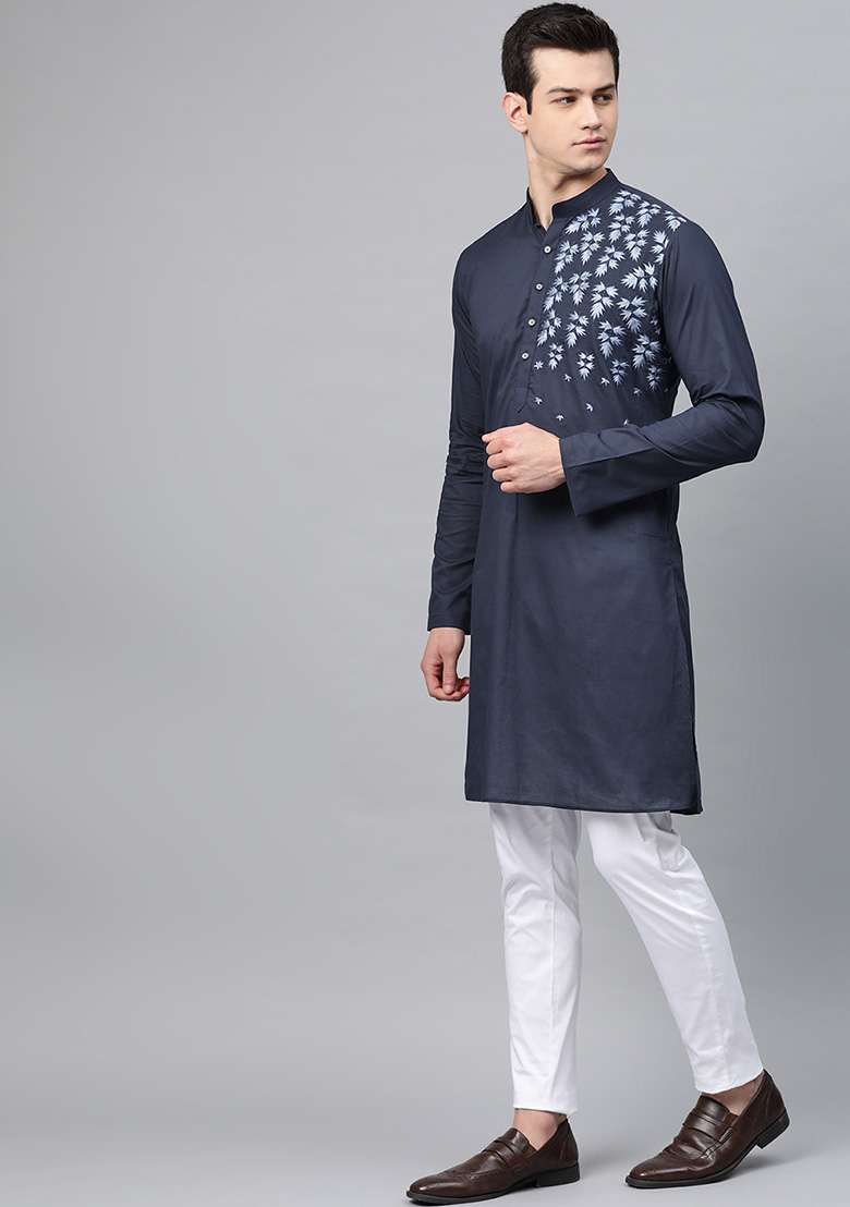 Navy Blue Embroidered Cotton Kurta Set For Men - Indya