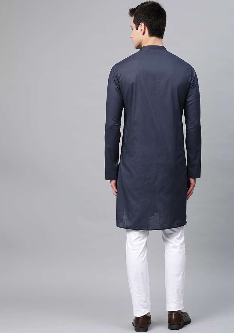 Navy Blue Embroidered Cotton Kurta Set For Men - Indya
