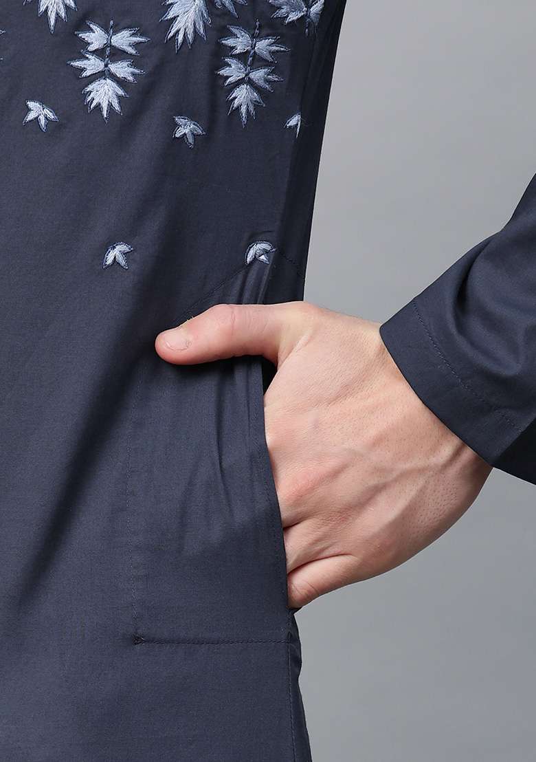 Navy Blue Embroidered Cotton Kurta Set For Men - Indya