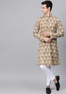 Beige Printed Cotton Kurta Set For Men