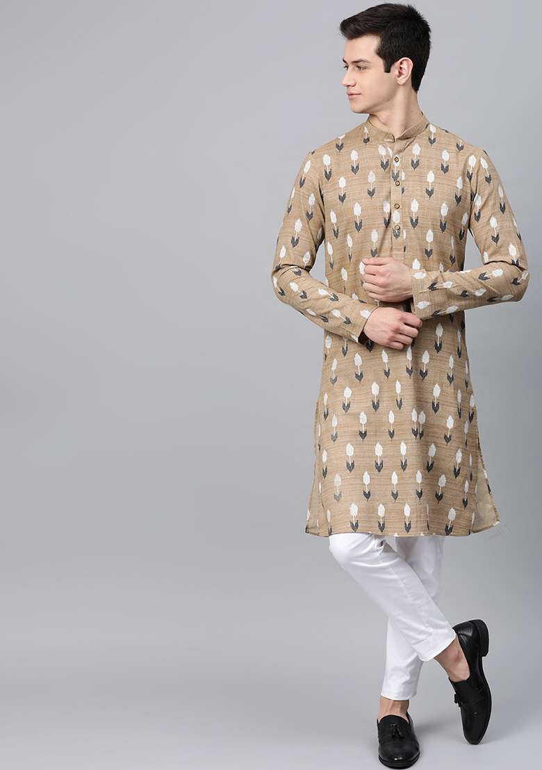 Beige Printed Cotton Kurta Set For Men - Indya