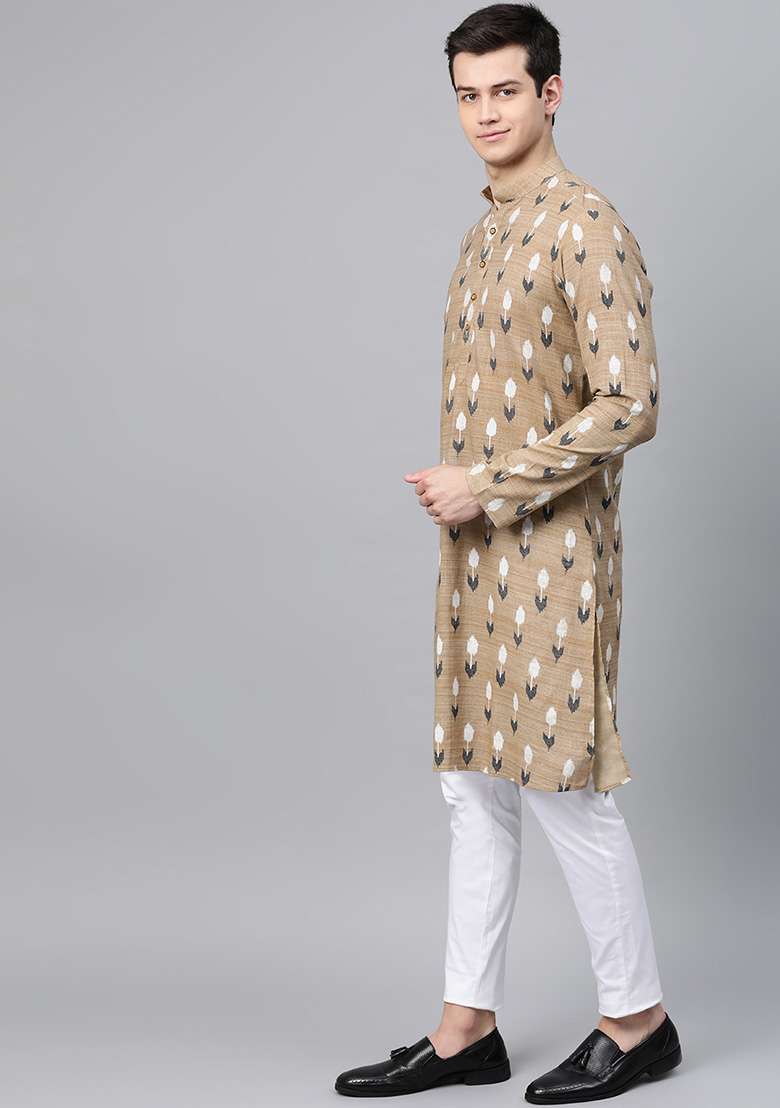 Beige Printed Cotton Kurta Set For Men - Indya