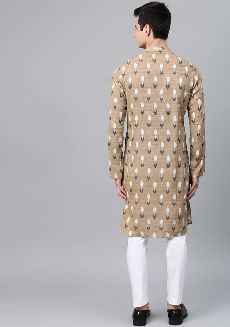 Beige Printed Cotton Kurta Set For Men - Indya