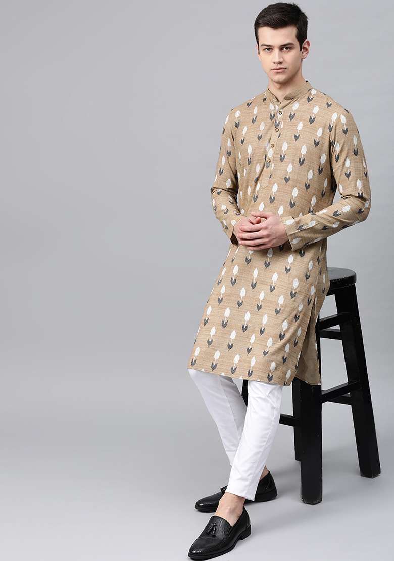 Beige Printed Cotton Kurta Set For Men - Indya