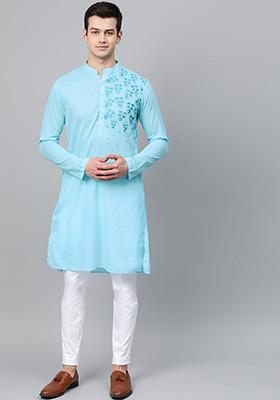 Turquoise Blue Embroidered Kurta Set For Men