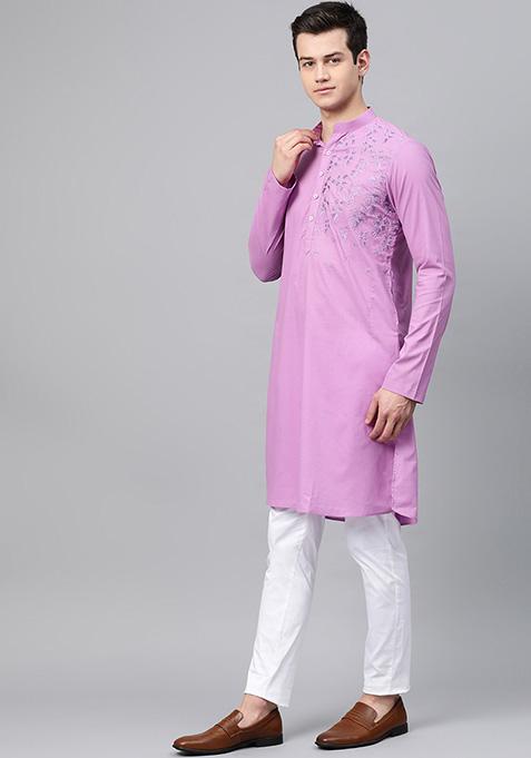 Boys Ethnic Wear, Lavender Embroidery Kurta set main image 1