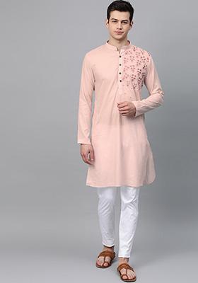 Pink Embroidered Cotton Kurta Set For Men