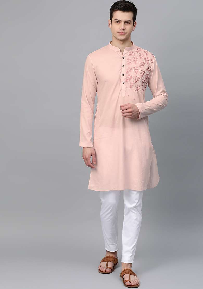 Pink Embroidered Cotton Kurta Set For Men - Indya