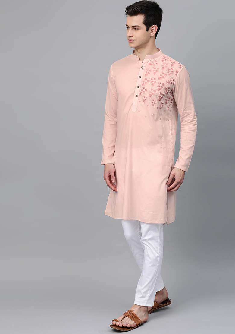 Pink Embroidered Cotton Kurta Set For Men - Indya