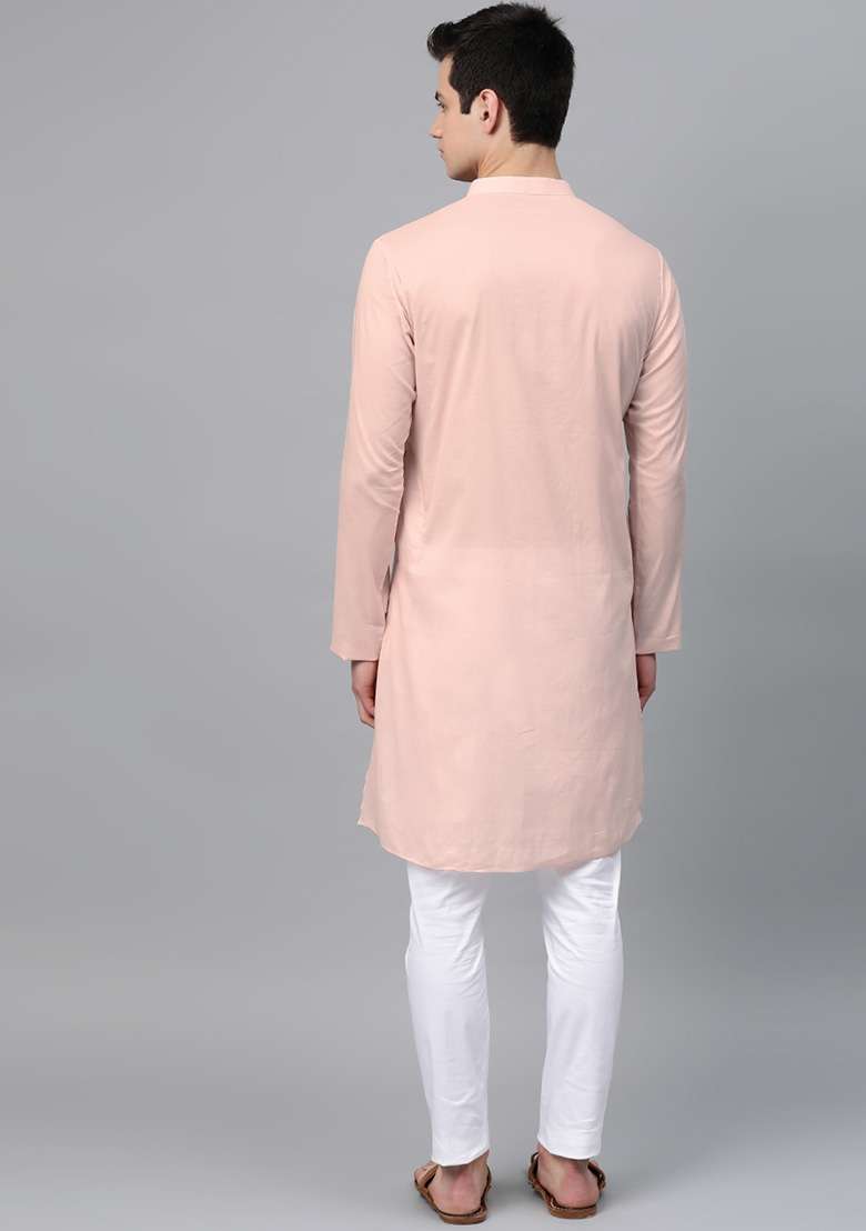 Pink Embroidered Cotton Kurta Set For Men - Indya