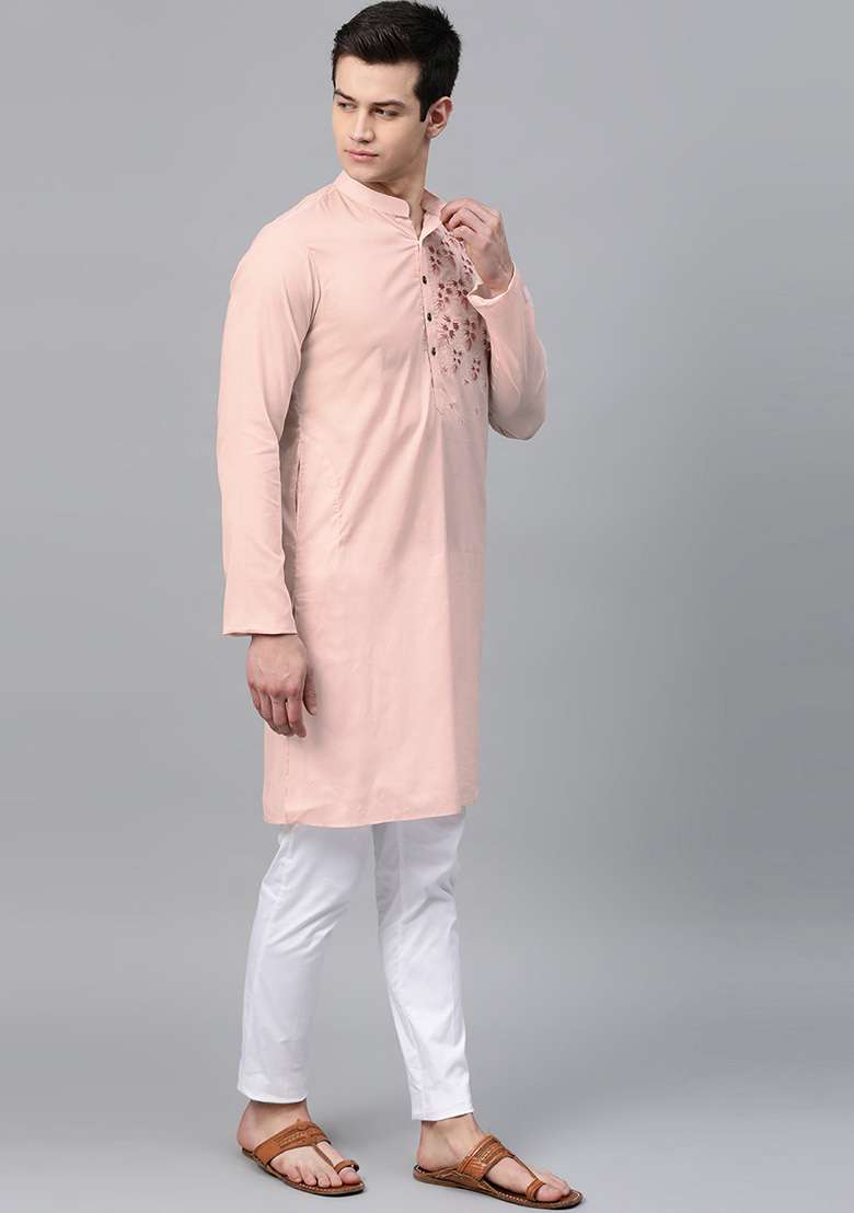 Pink Embroidered Cotton Kurta Set For Men - Indya