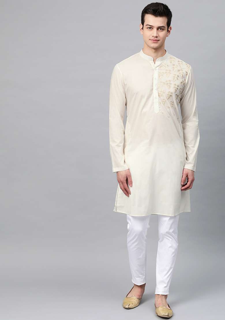 Off White Embroidered Cotton Kurta Set For Men - Indya