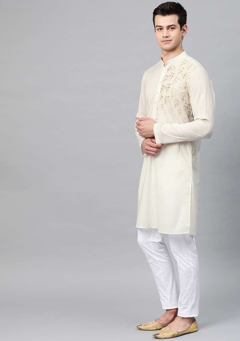 Off White Embroidered Cotton Kurta Set For Men - Indya