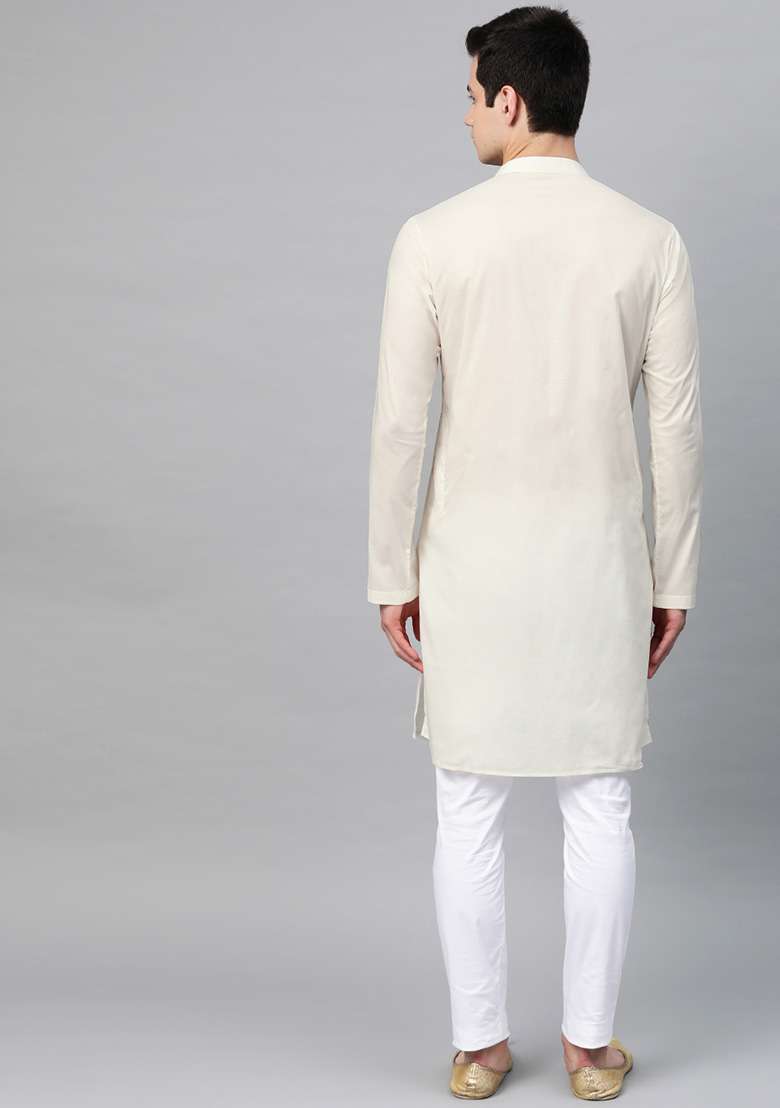 Off White Embroidered Cotton Kurta Set For Men - Indya