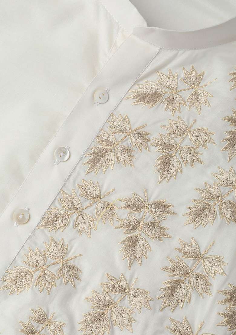 Off White Embroidered Cotton Kurta Set For Men - Indya