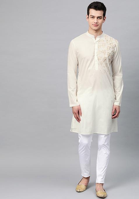 Off White Embroidered Cotton Kurta Set For Men