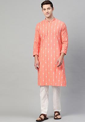 Peach Printed Cotton Kurta Set For Men